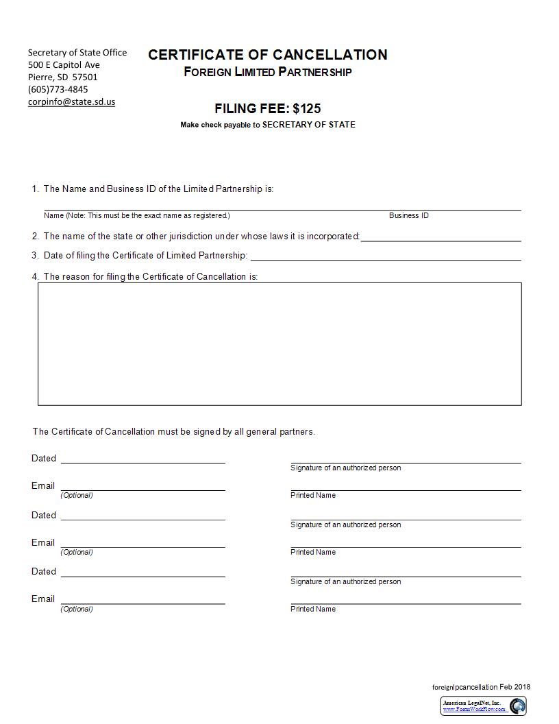 Certificate Of Cancellation (Foreign Limited Partnership) | Pdf Fpdf Docx | South Dakota