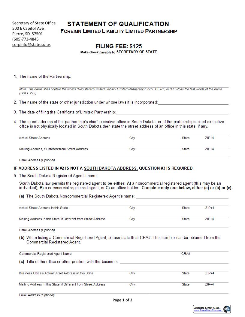 Statement Of Qualification Of A Foreign LLLP | Pdf Fpdf Docx | South Dakota