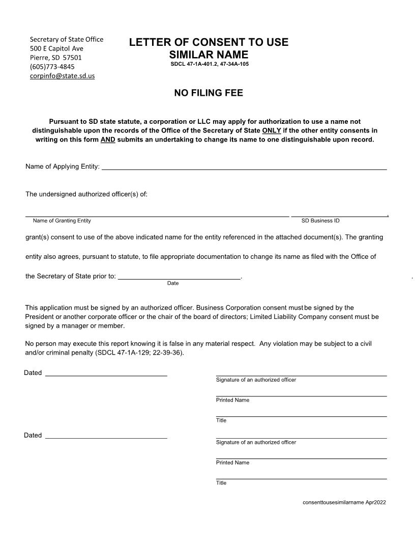 Letter Of Consent To Use Similar Name | Pdf Fpdf Docx | South Dakota