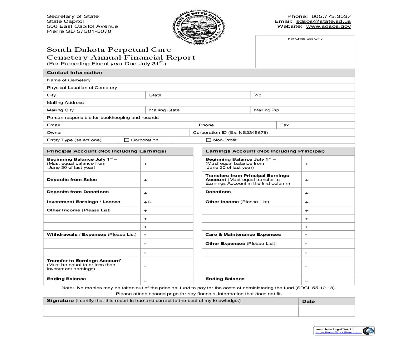 Perpetual Care Cemetery Annual Financial Report | Pdf Fpdf Doc Docx | South Dakota