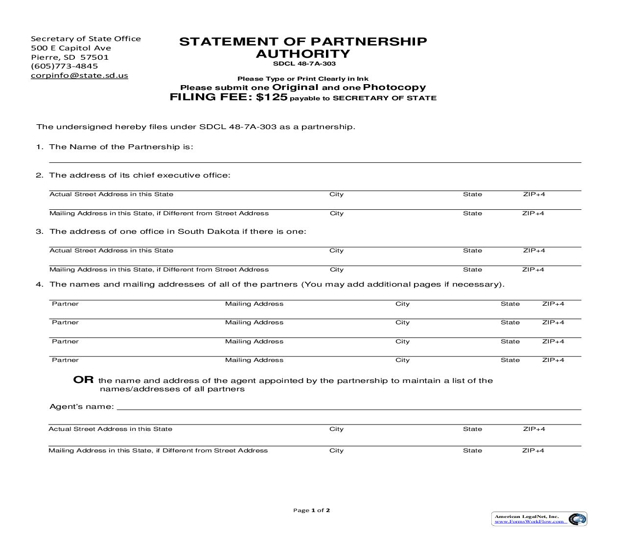 Statement Of Partnership Authority | Pdf Fpdf Doc Docx | South Dakota