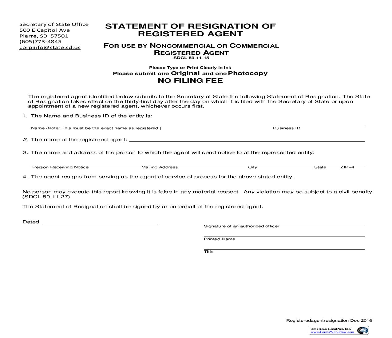 Statement Of Resignation Of Registered Agent | Pdf Fpdf Doc Docx | South Dakota