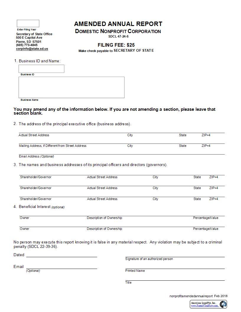Amended Annual Report (Domestic Nonprofit Corp) | Pdf Fpdf Docx | South Dakota