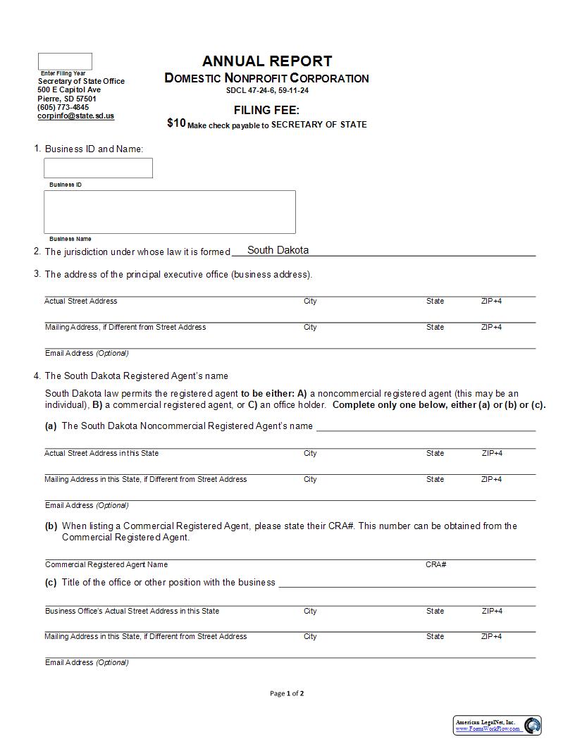 Annual Report (Non Profit Corp) | Pdf Fpdf Docx | South Dakota