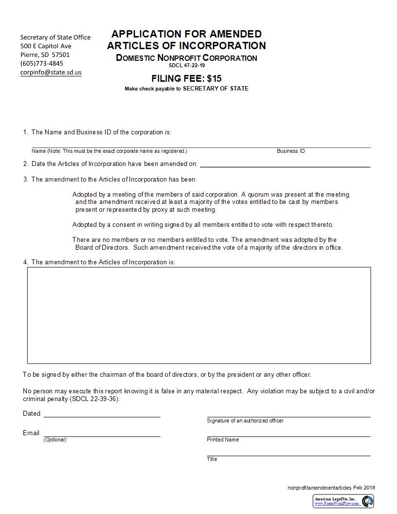 Application For Amended Articles Of Incorporation | Pdf Fpdf Docx | South Dakota