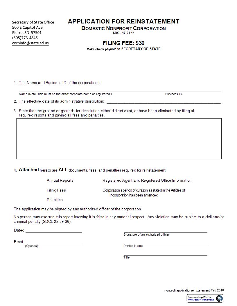 Application For Reinstatement | Pdf Fpdf Docx | South Dakota