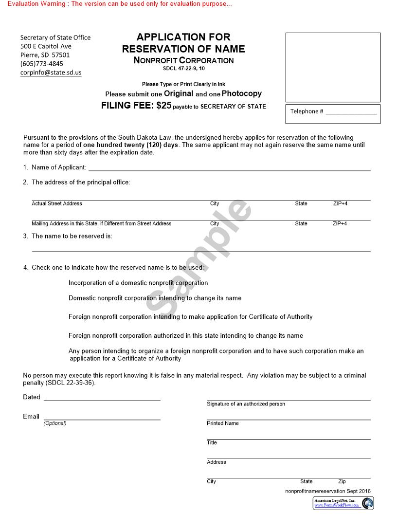 Application For Reservation Of Name (Nonprofit Corp) |  | South Dakota