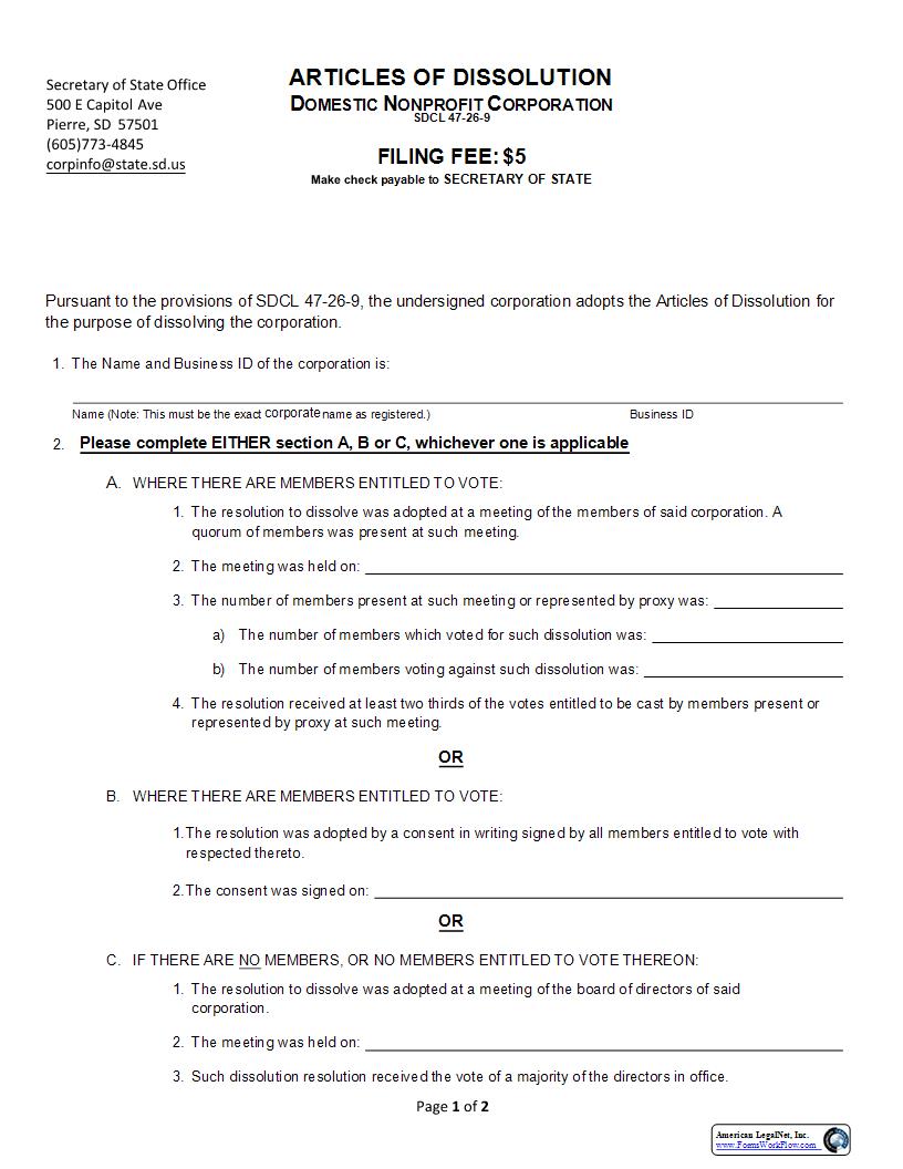 Articles Of Dissolution | Pdf Fpdf Docx | South Dakota
