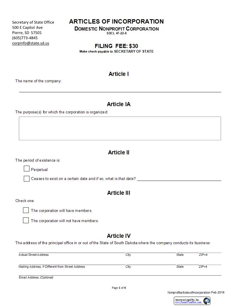 Articles Of Incorporation | Pdf Fpdf Docx | South Dakota