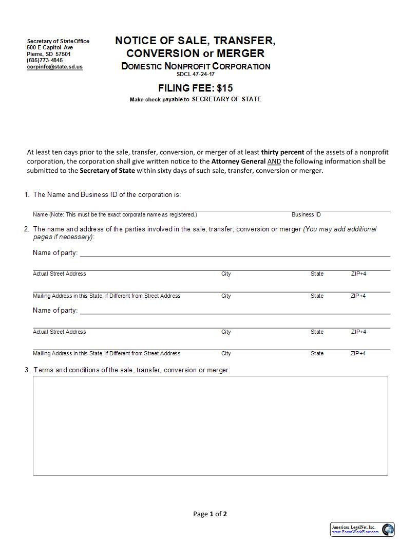 Notice Of Sale Transfer Conversion Or Merger (Domestic Nonprofit Corp) | Pdf Fpdf Docx | South Dakota