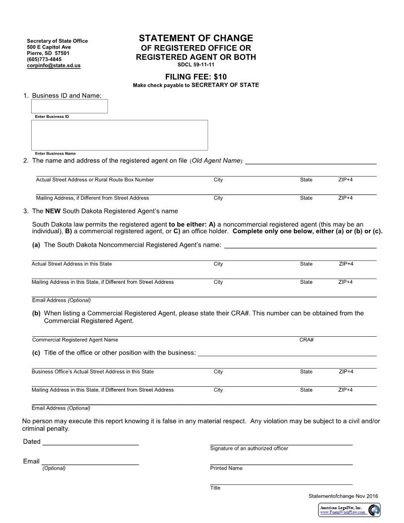 Statement Of Change Of Registered Office Or Registered Agent Or Both (Domestic Nonprofit Corp) | Pdf Fpdf Docx | South Dakota
