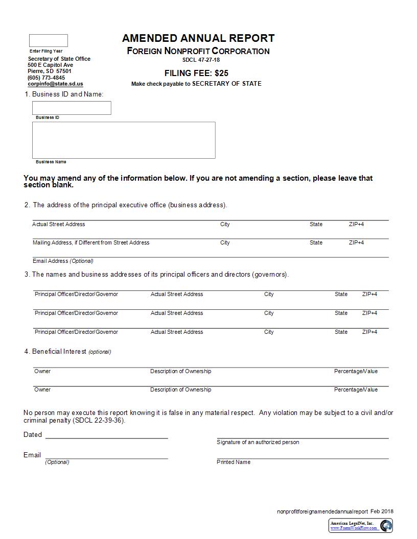 Amended Annual Report (Foreign Non Profit Corp) | Pdf Fpdf Docx | South Dakota