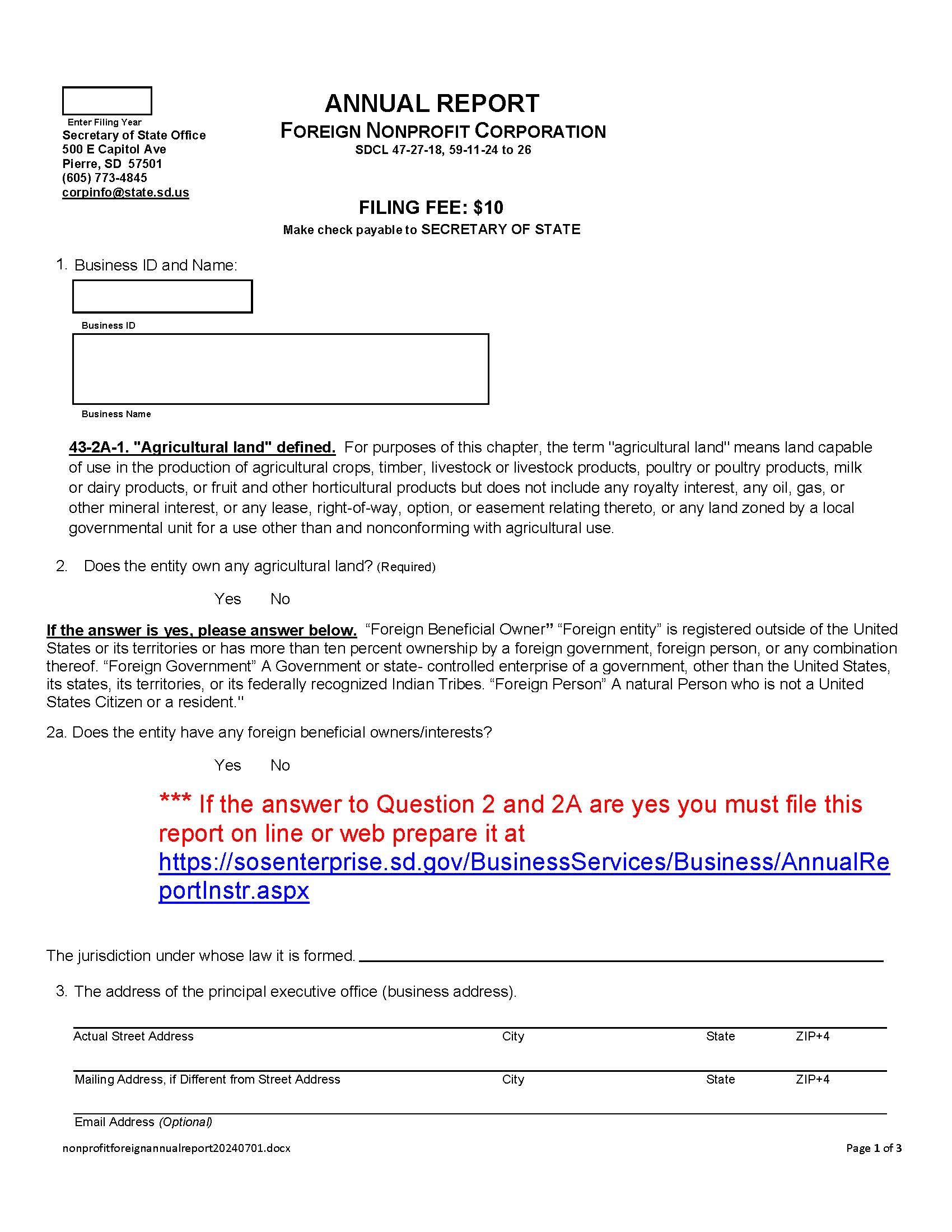 Annual Report Foreign Non Profit Corp | Pdf Fpdf Docx | South Dakota