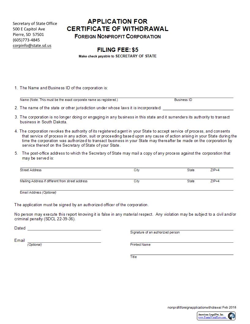 Application For Certificate Of Withdrawal | Pdf Fpdf Docx | South Dakota