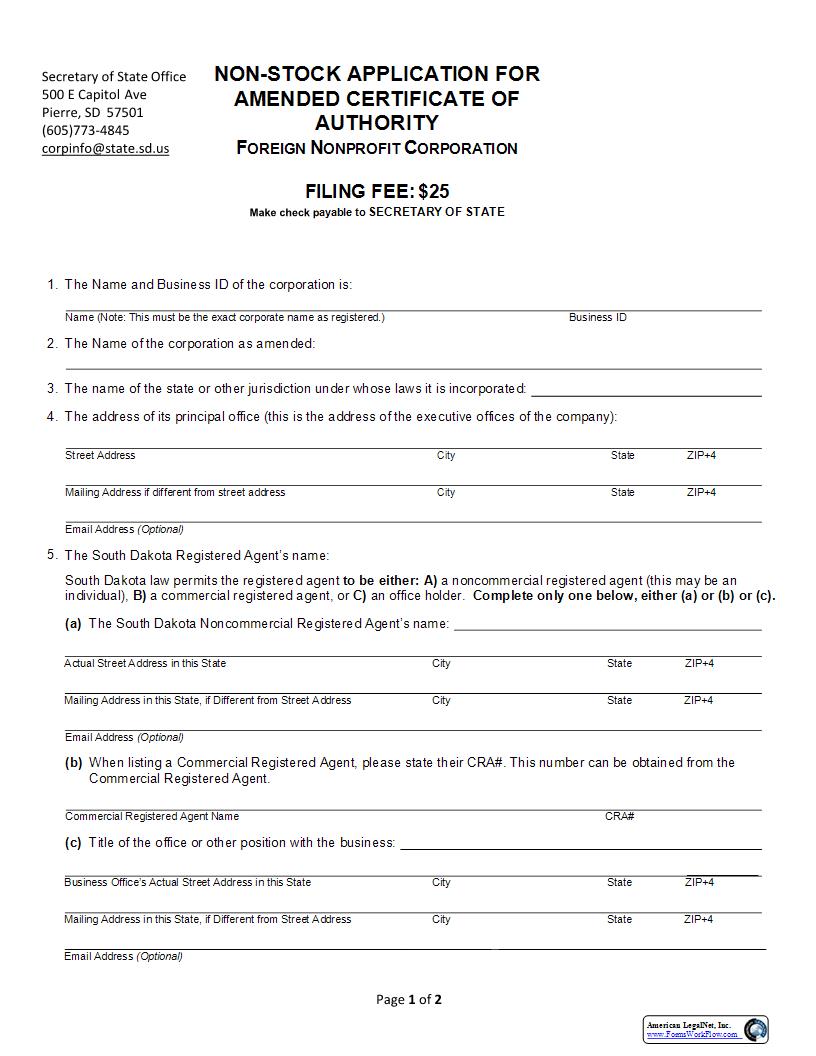 Nonstock Application For Amended Certificate Of Authority | Pdf Fpdf Docx | South Dakota