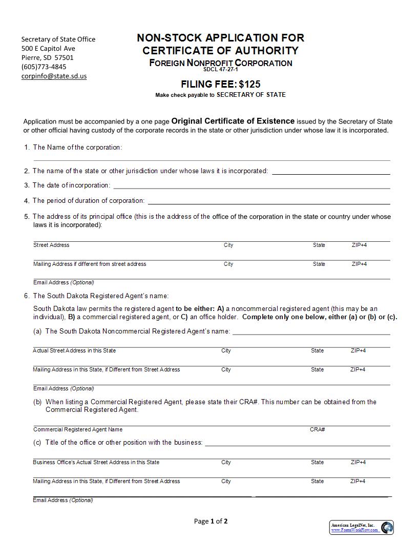 Nonstock Application For Certificate Of Authority | Pdf Fpdf Docx | South Dakota