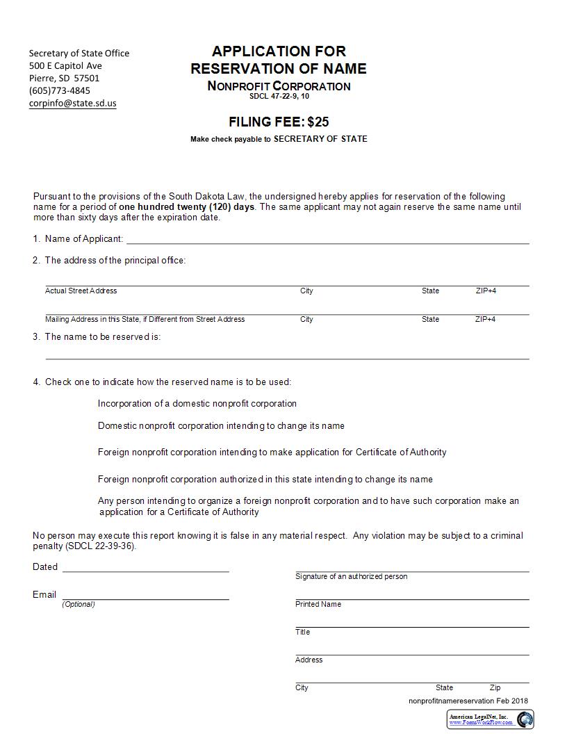 Application For Reservation Of Name (Nonprofit Corp) | Pdf Fpdf Docx | South Dakota