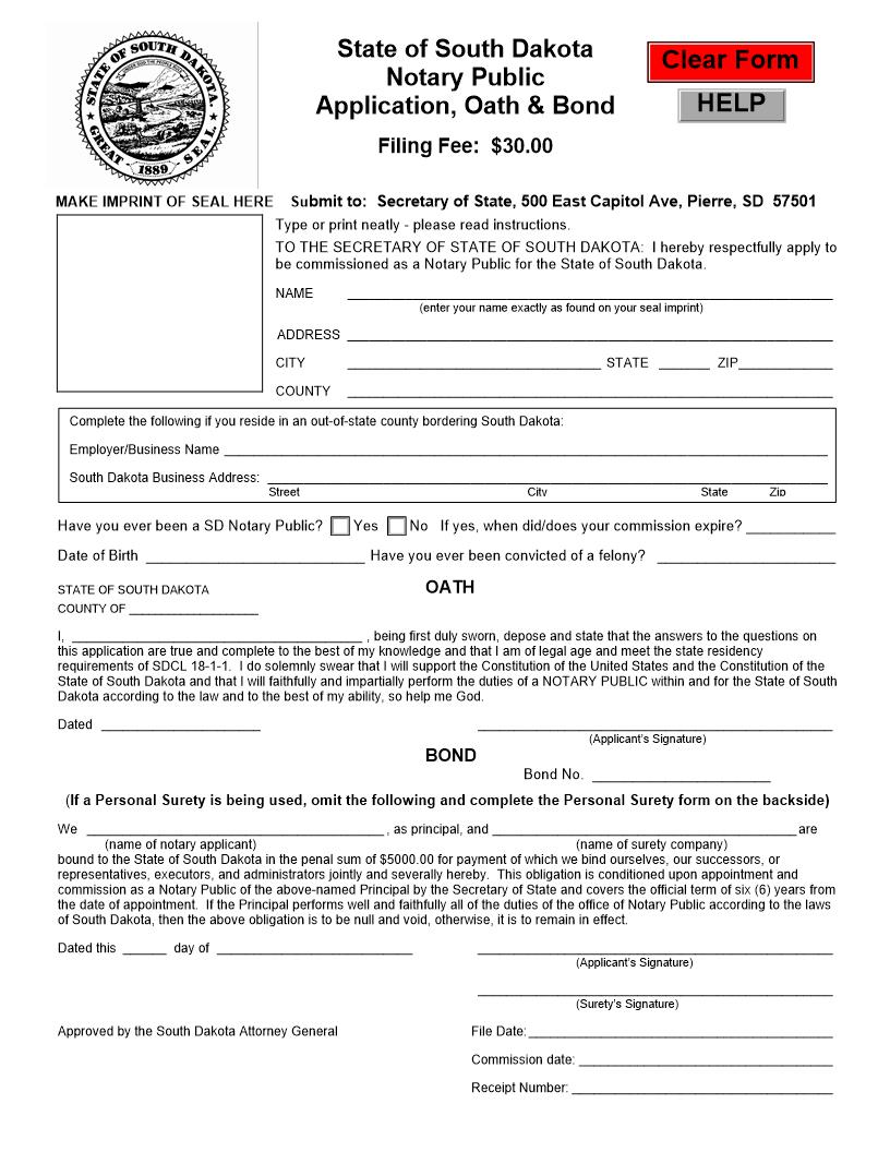 Notary Public Application Oath And Bond | Pdf Fpdf Docx | South Dakota