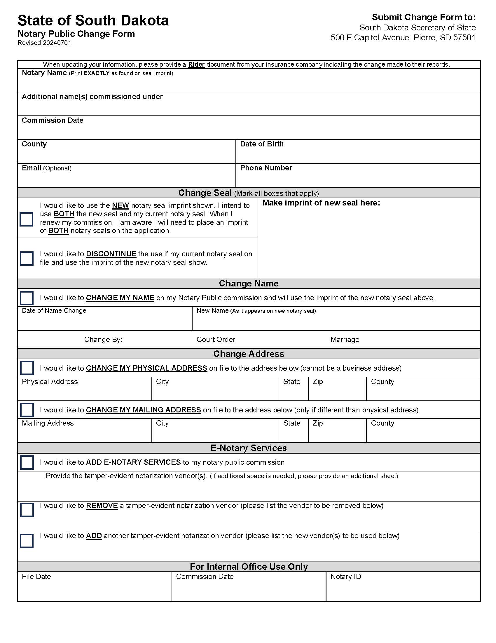 Notary Public Request To Change Record | Pdf Fpdf Docx | South Dakota