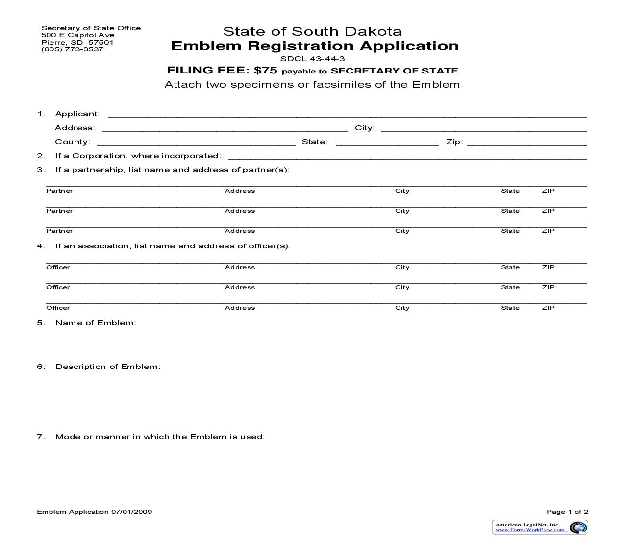 Emblem Registration Application | Pdf Fpdf Doc Docx | South Dakota