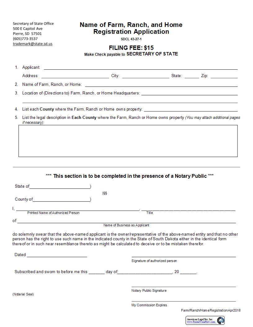 Name Of Farm, Ranch, And Home Registration Application | Pdf Fpdf Docx | South Dakota