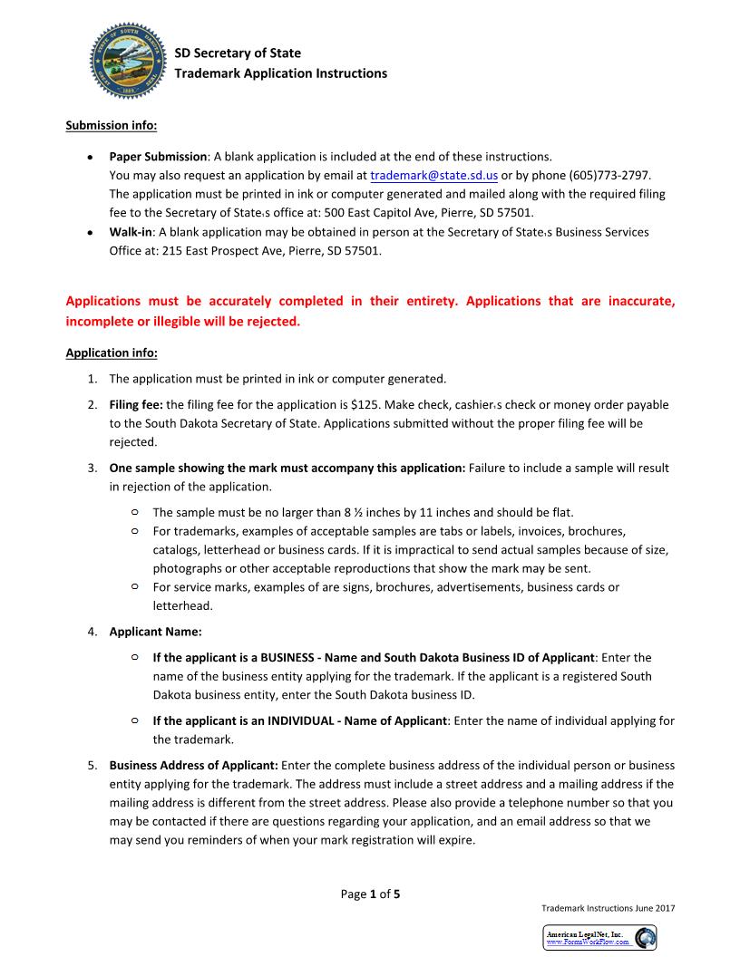 Trademark Registration (Initial Application) | Pdf Fpdf Docx | South Dakota
