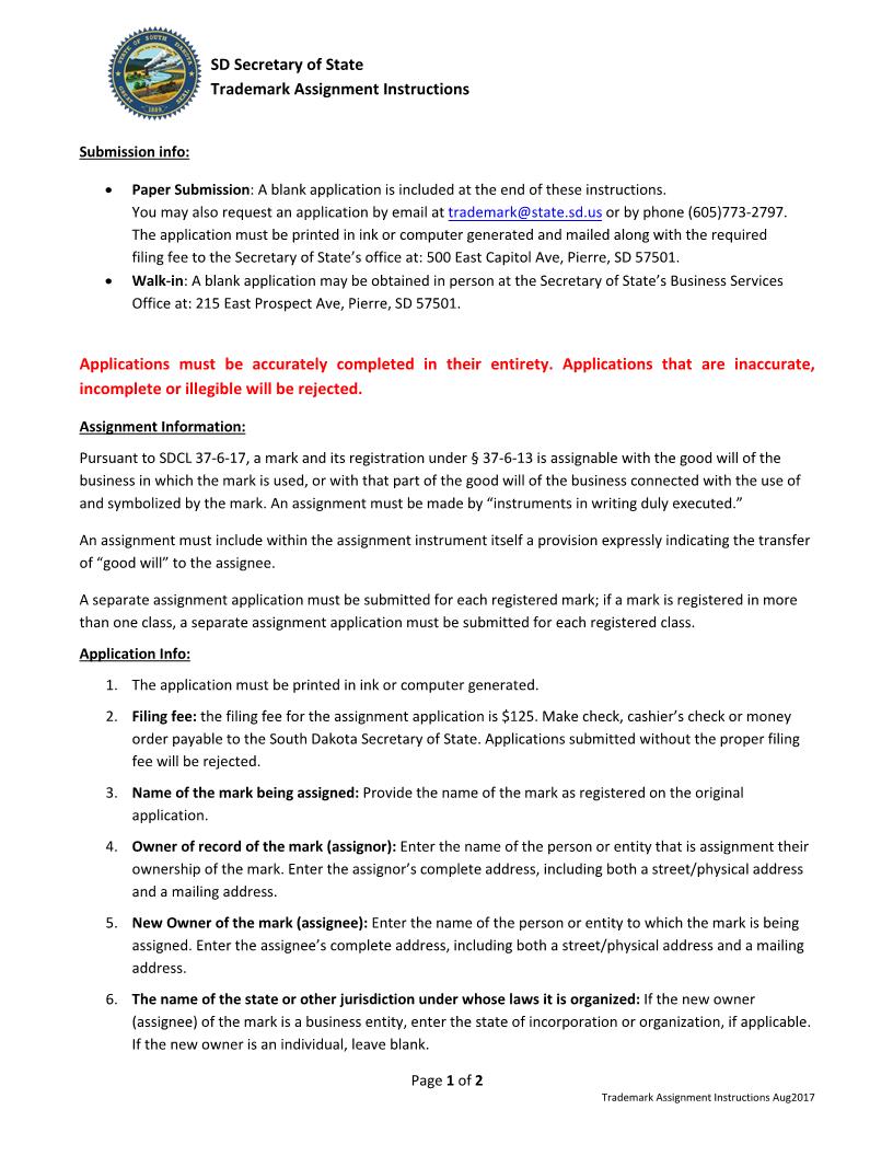 Trademark Registration Assignment Application | Pdf Fpdf Docx | South Dakota
