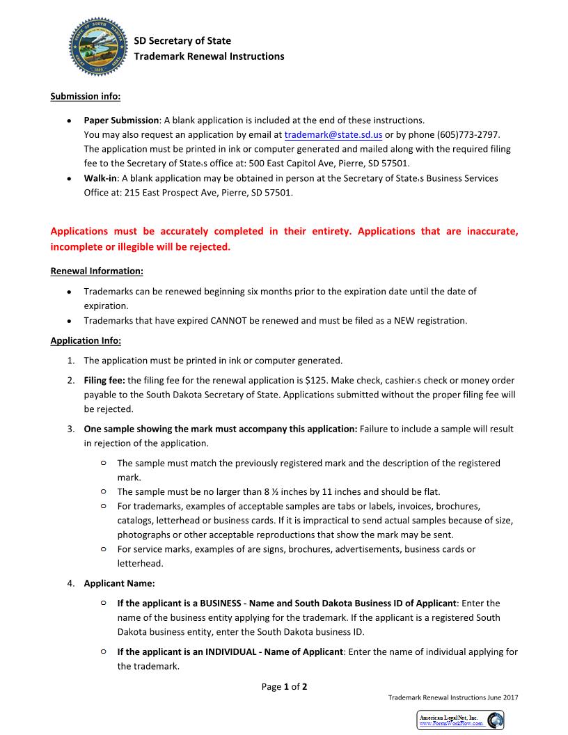 Trademark Registration Renewal Application | Pdf Fpdf Docx | South Dakota