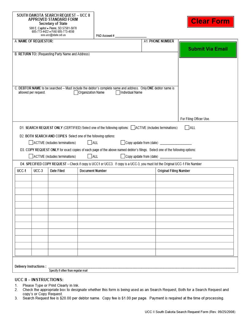 South Dakota Search Request Form {UCC2} | Pdf Fpdf Doc Docx | South Dakota