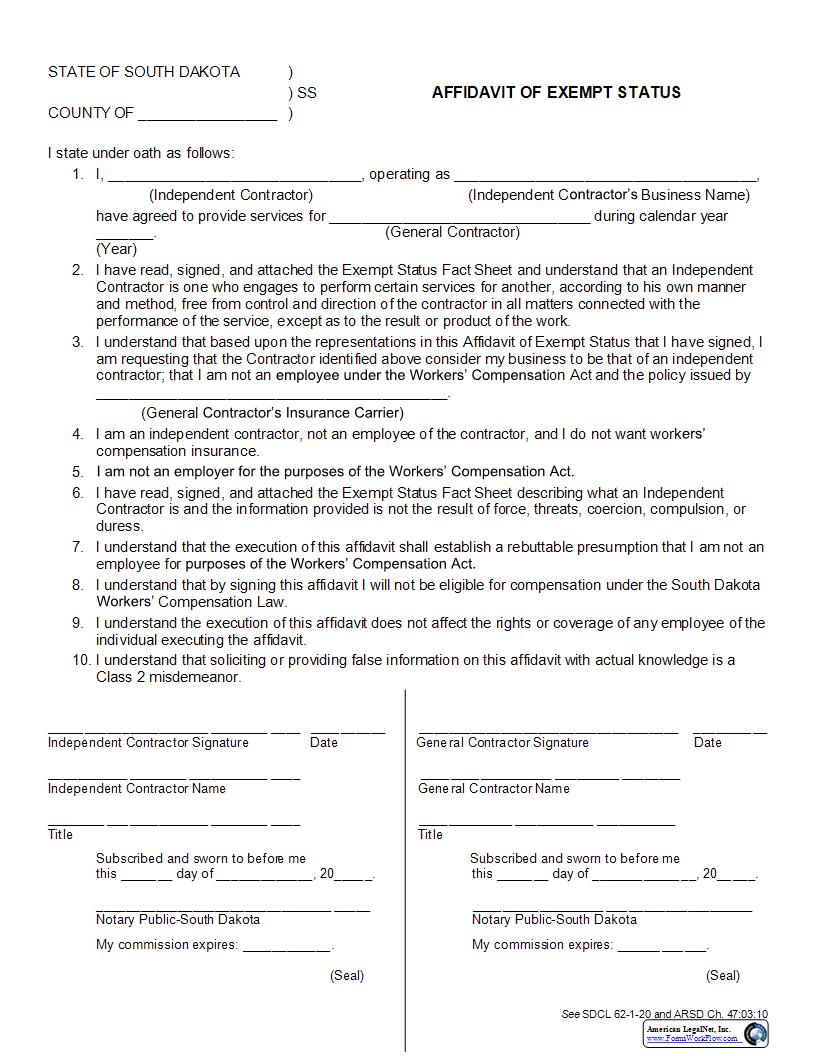 Affidavit Of Exempt Status Independent Contractor | Pdf Fpdf Docx | South Dakota