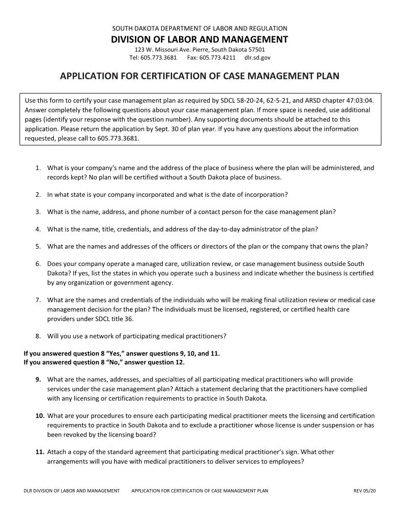 Application For Certification Of Case Management Plan | Pdf Fpdf Docx | South Dakota