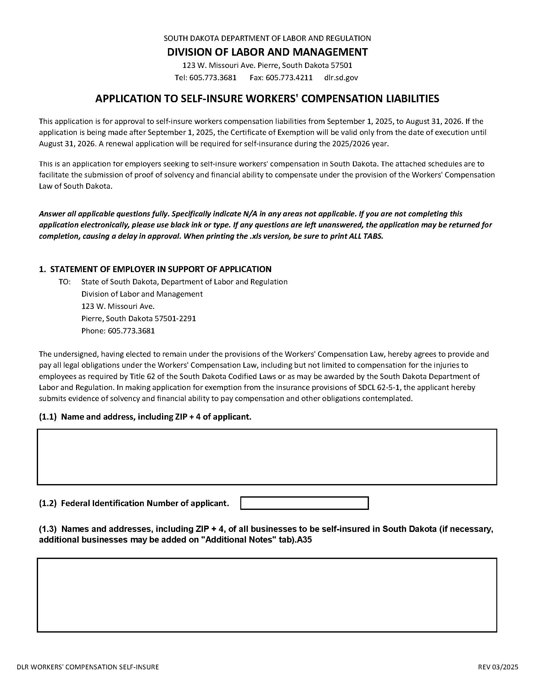 Application To Self Insure Workers Compensation Liabilities | Pdf Fpdf Docx | South Dakota