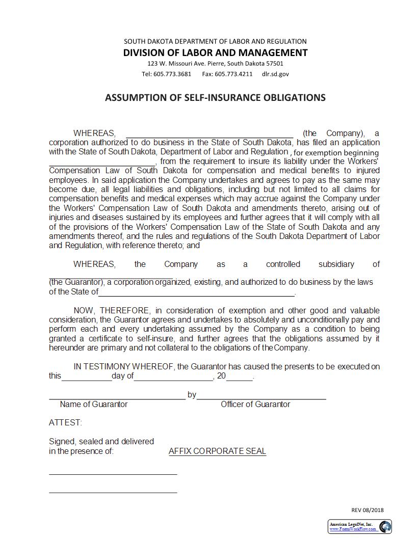 Assumption Of Self Insurance Obligations | Pdf Fpdf Docx | South Dakota