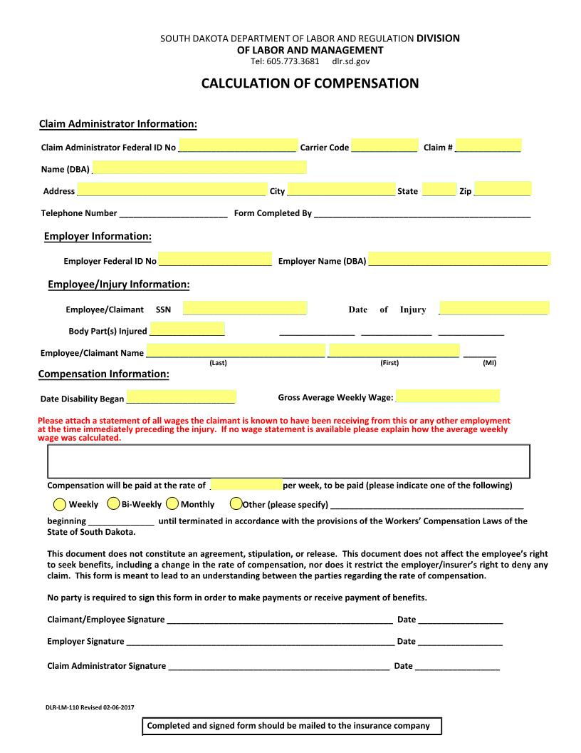 Calculation Of Compensation {DLR-LM-110} | Pdf Fpdf Doc Docx | South Dakota