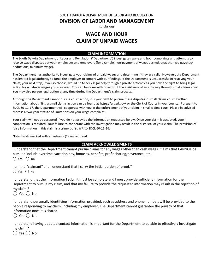 Claim Of Unpaid Wages | Pdf Fpdf Doc Docx | South Dakota