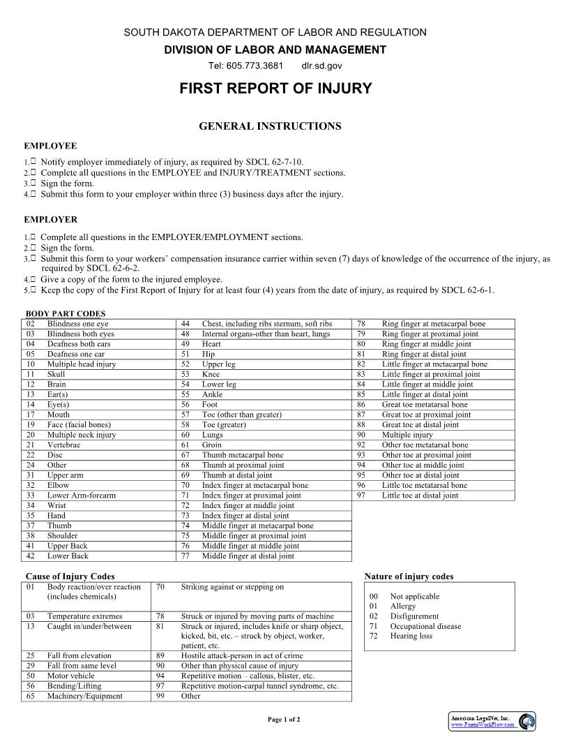 First Report Of Injury {DLR-LM-101} | Pdf Fpdf Docx | South Dakota