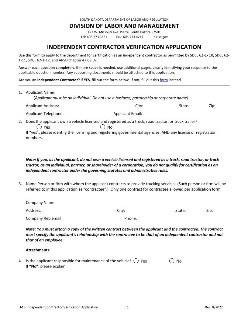 Independent Contractor Verification Application | Pdf Fpdf Doc Docx | South Dakota