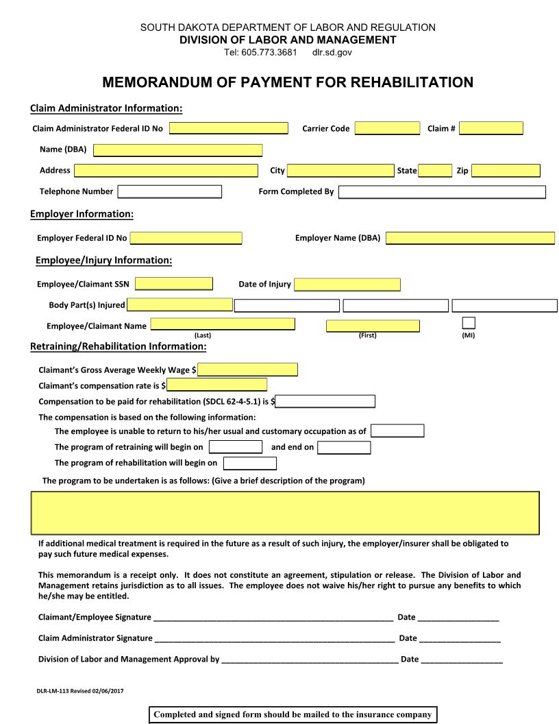 Memorandum Of Payment For Rehabilitation {DLR-LM-113} | Pdf Fpdf Doc Docx | South Dakota
