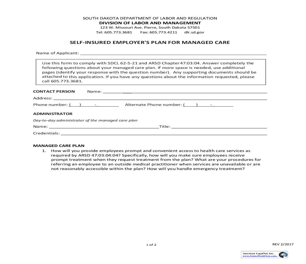 Self-Insured Employers Plan For Managed Care | Pdf Fpdf Doc Docx | South Dakota