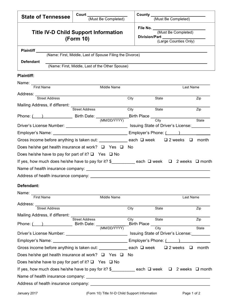 Title IV-D Child Support {Form 10} | Pdf Fpdf Docx | Tennessee