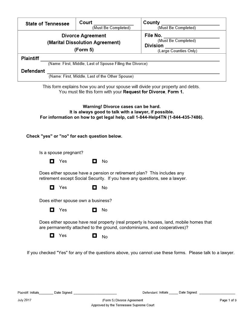 Divorce Agreement {Form 5} | Pdf Fpdf Docx | Tennessee