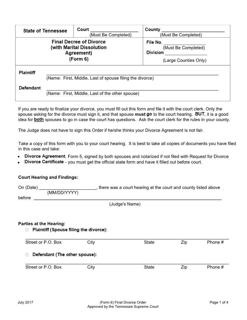 Final Decree Of Divorce And Agreement {Form 6} | Pdf Fpdf Docx | Tennessee