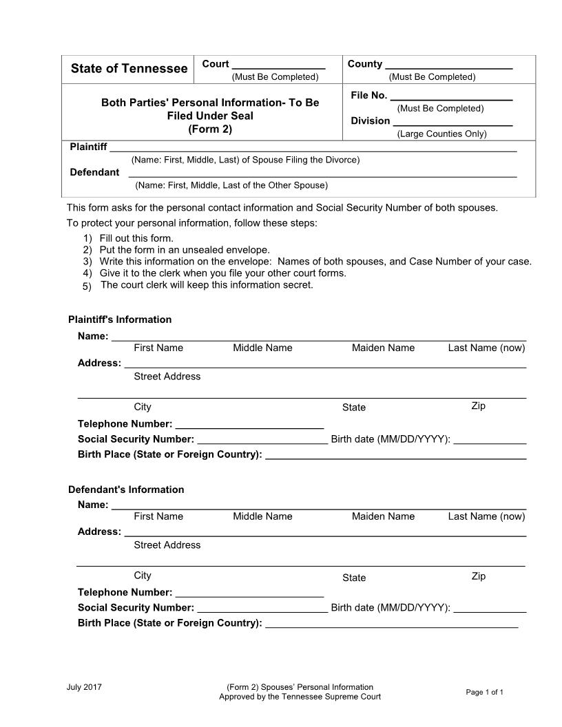 Parties Personal Info {Form 2} | Pdf Fpdf Docx | Tennessee