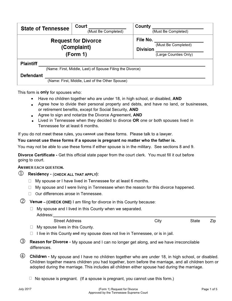 Request For Divorce {Form 1} | Pdf Fpdf Docx | Tennessee