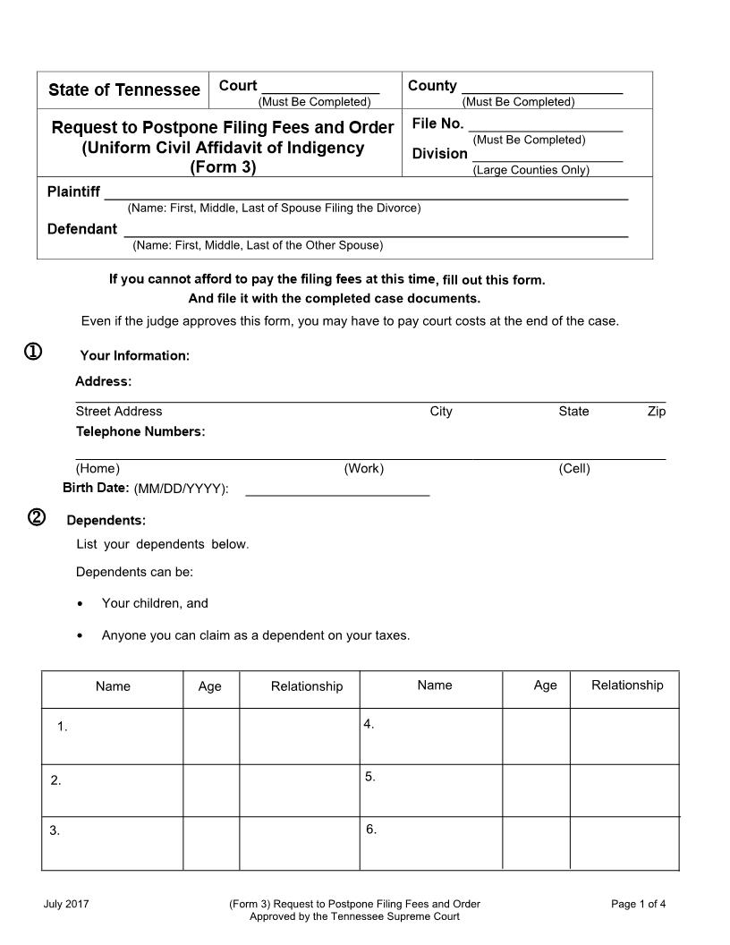 Request To Postpone Filing Fees {Form 3} | Pdf Fpdf Docx | Tennessee