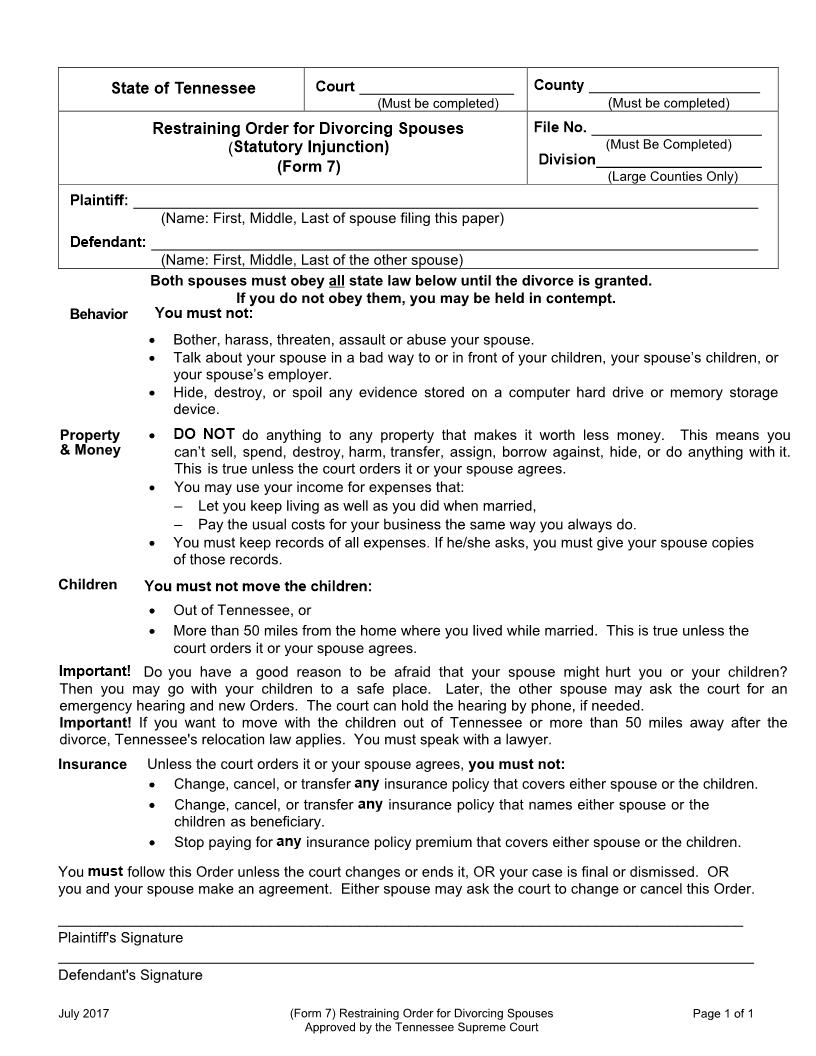 Restraining Order For Divorcing Spouses {Form 7} | Pdf Fpdf Docx | Tennessee