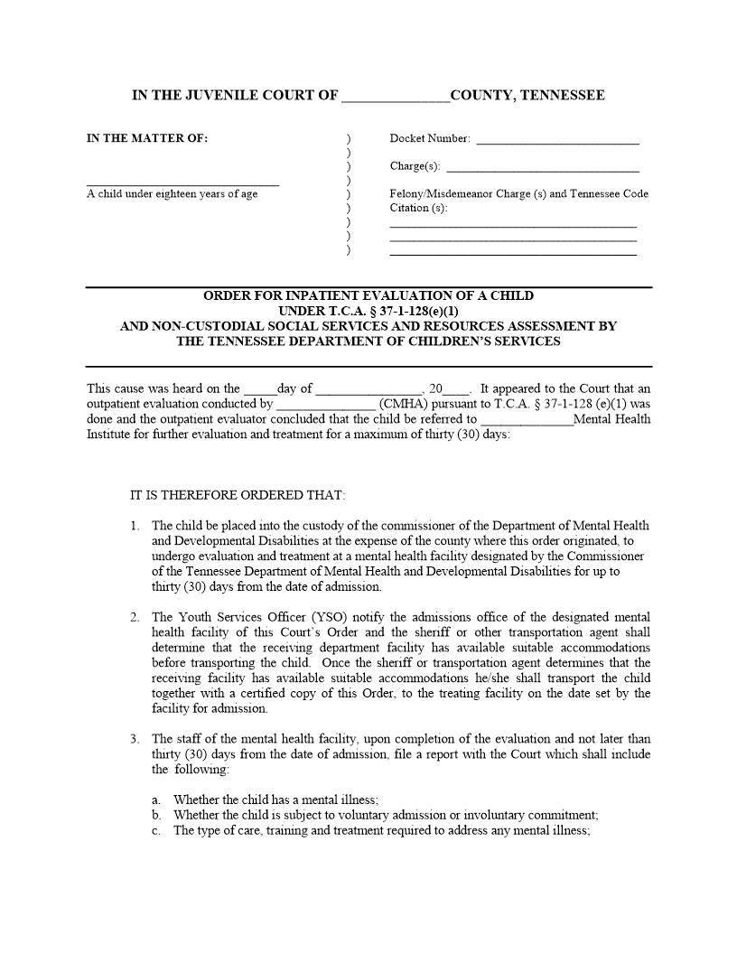 Order For Inpatient Evaluation | Pdf Fpdf Docx | Tennessee