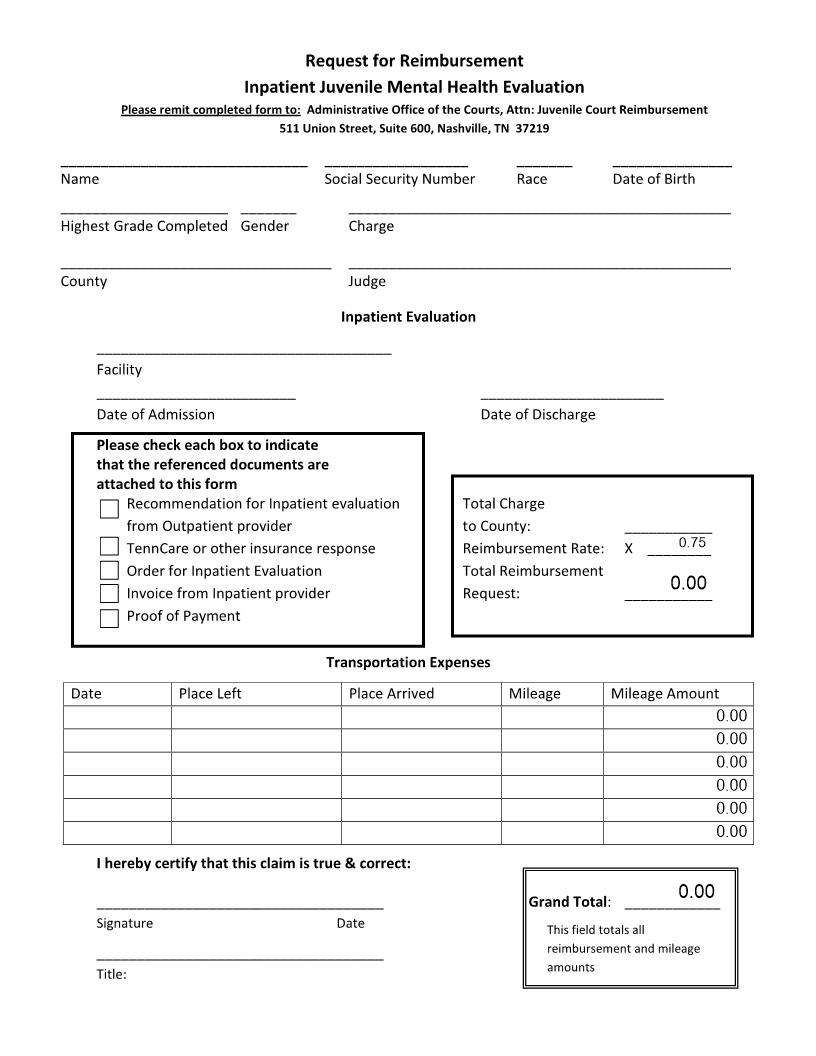 Request For Reimbursement For Inpatient Evaluation | Pdf Fpdf Docx | Tennessee
