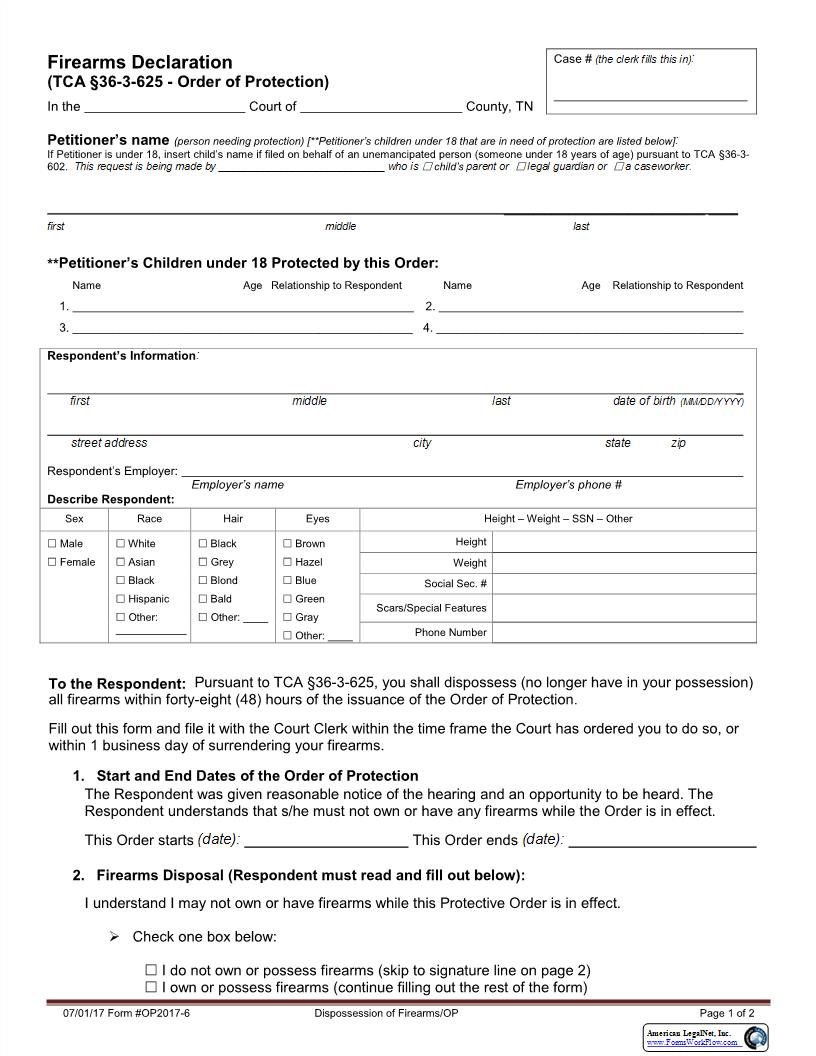 Firearms Declaration | Pdf Fpdf Docx | Tennessee