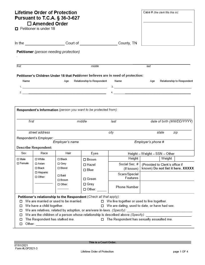Lifetime Order Of Protection {LOP2021-3} | Pdf Fpdf Docx | Tennessee